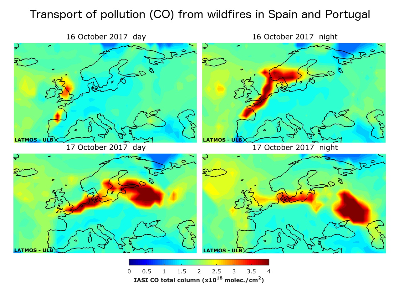 Conséquences des vents suivant les feux de forêt ayant rongé l’Espagne et le Portugal l’année dernière. Le satellite a pu mesurer les concentrations très élevées de monoxyde de carbone sur notre territoire ce jour-là. Sans les satellites, impossible de suivre ainsi ce phénomène à la trace et d’en comprendre l’origine si clairement.