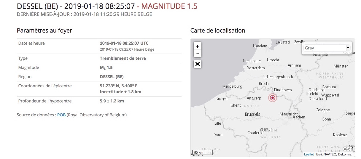 Enregistrement du tremblement de terre du 18 janvier 2018 à Mol/Dessel.