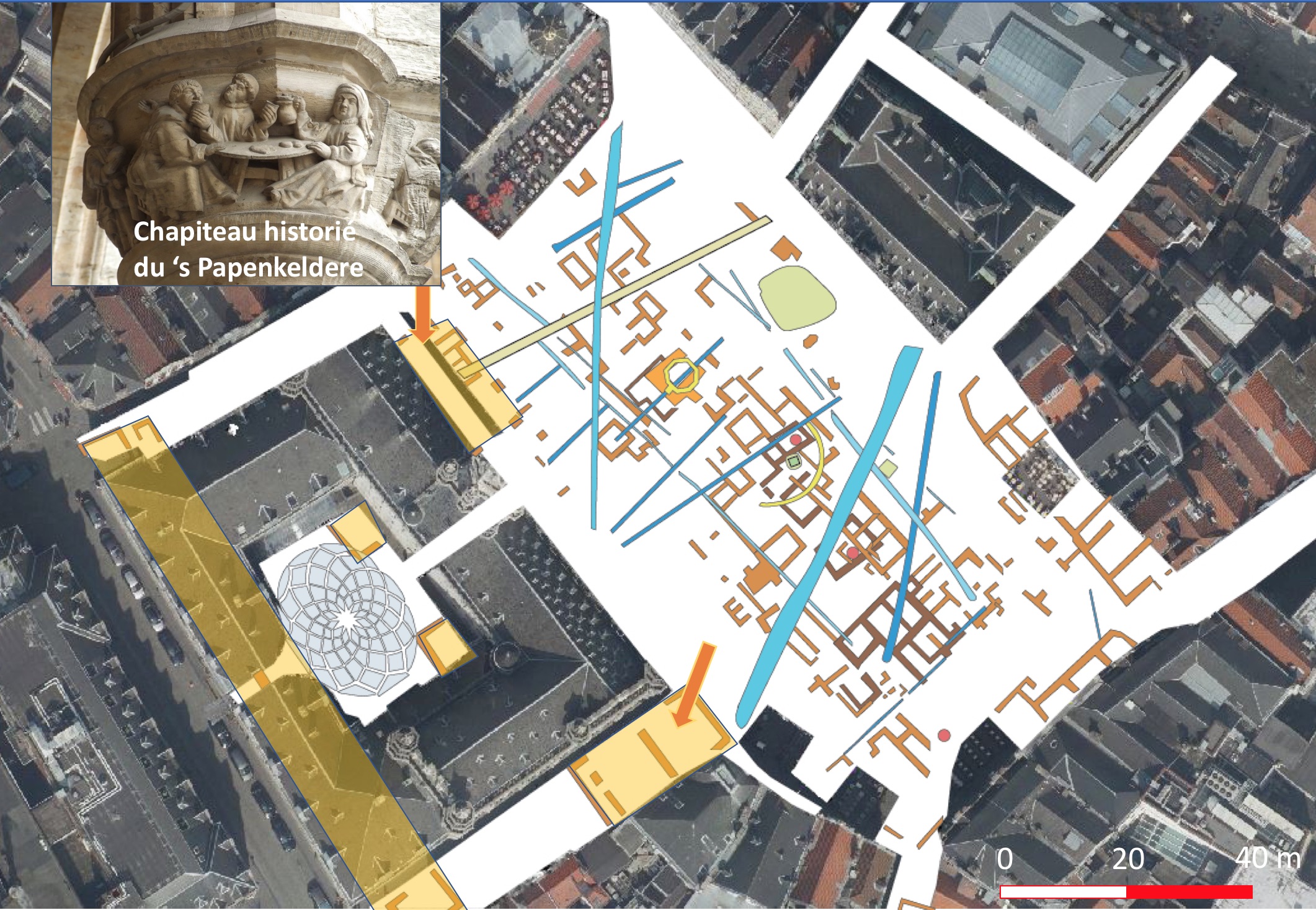 Les tracés en couleur orange trahissent l'existence de soubassements de constructions datant d'avant 1695. Dont une taverne, située devant l'aile droite de l'Hôtel de Ville ou encore une série de bâtiments au centre de la place actuelle. © François Blary