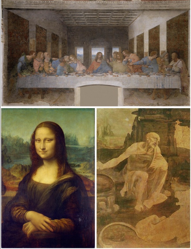 Trois des chefs-d'œuvre de Léonard de Vinci : La Dernière Cène, une œuvre réalisée par Léonard de Vinci en 3 ans mais dont l'utilisation d'une technique de fresque incorrecte a entraîné une détérioration rapide, indique le chercheur. En bas à gauche : la célèbre Mona Lisa, une oeuvre sur laquelle de Vinci a travaillé pendant… 16 ans, et à droite, la peinture inachevée de Saint Jérôme dans le désert.