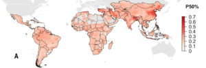 Distribution géographique de la résistance antimicrobienne dans les pays à revenus faibles ou intermédiaires. Le P50 est la proportion de composés antimicrobiens présentant une résistance supérieure à 50 %.