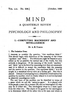 Article de 1950 pubklié dans MIND, par Turing : "Computing Machinery and Intelligence"