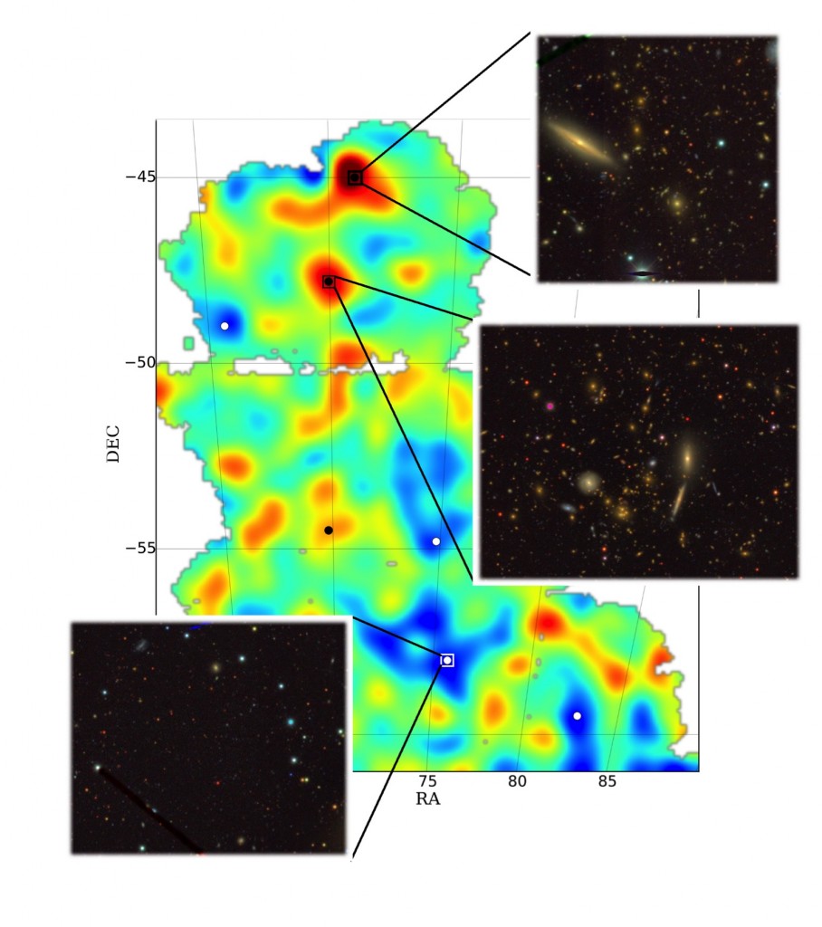 Carte de densité de la matière noire. La théorie prédit qu'elle est plus dense dans les zones où se situent les amas de galaxies.