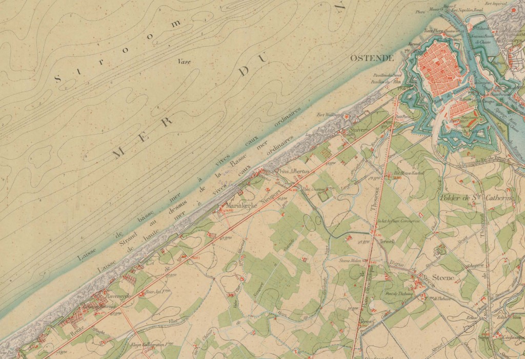 Ostende et le littoral en 1876. Dépôt de la Guerre. Carte topographique de la Belgique à l'échelle de 1:20.000ème, planchette XII/2 Ostende. © IGN  Cliquer pour agrandir.
