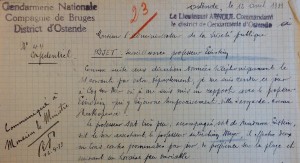Extrait du rapport du 12 avril 1933 signé par le gendarme Arnoul, d'Ostende, et concernant Albert Einstein. Dès le lendemain, ce rapport est transmis au Ministre. (Cliquer pour agrandir) 