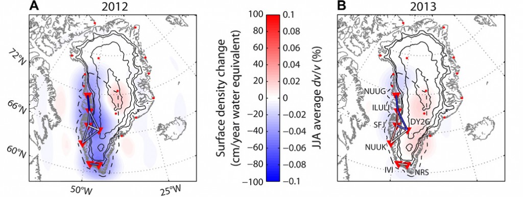 Évolution de la calotte polaire groenlandaise telle que dérivée de l’analyse du bruit de fond sismique dans la région. Les triangles inversés donnent la localisation des sismomètres utilisés par le Dr Mordret. (Cliquer pour agrandir)