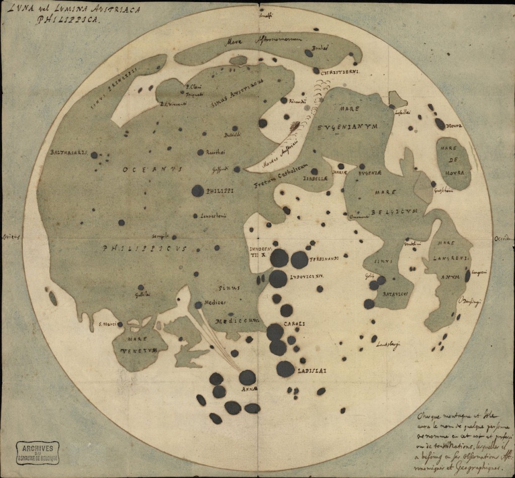 Carte de la Lune de Langrenus (Cliquer pour agrandir et découvrir la toponymie de l’époque). © Archive de l'Etat