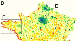 Les appels par GSM trahissent les mouvements de population en temps réel. En été, Paris se vide (en bleu) et les zones balnéaires font le plein. © Catherine Linard