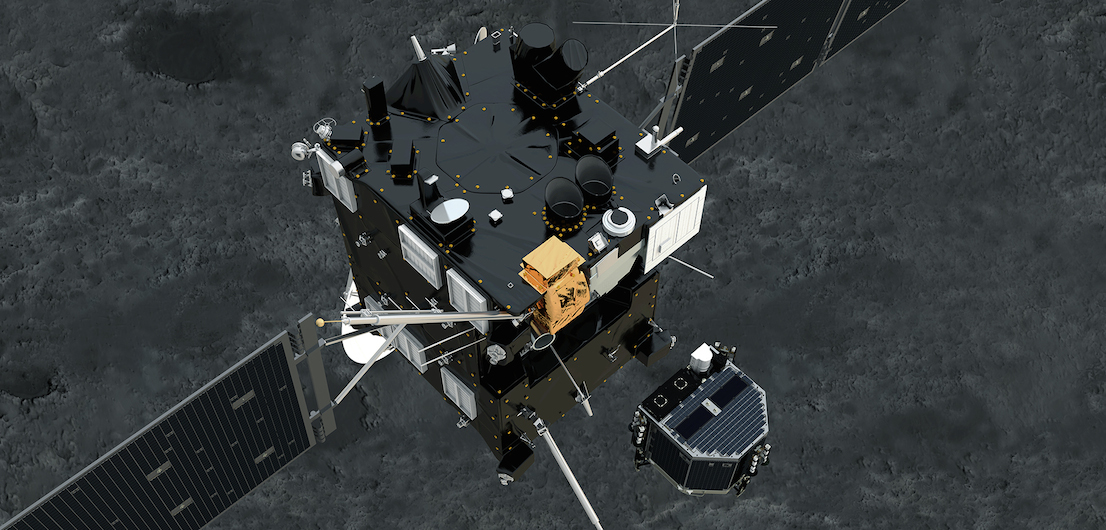 La sonde spatiale européenne Rosetta largue l'atterrisseur Philae vers la comète 67P. © ESA