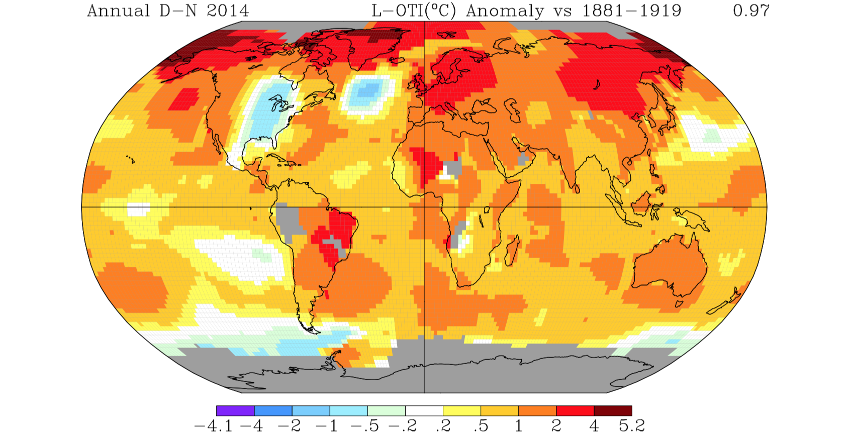 Anomalies de températures en 2014 par rapport à la période 1881-1919. © NOAA