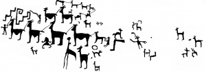 Troupeau de lamas, pétroglyphe chicha (Bolivie), dessin de Françoise Fauconnier.
