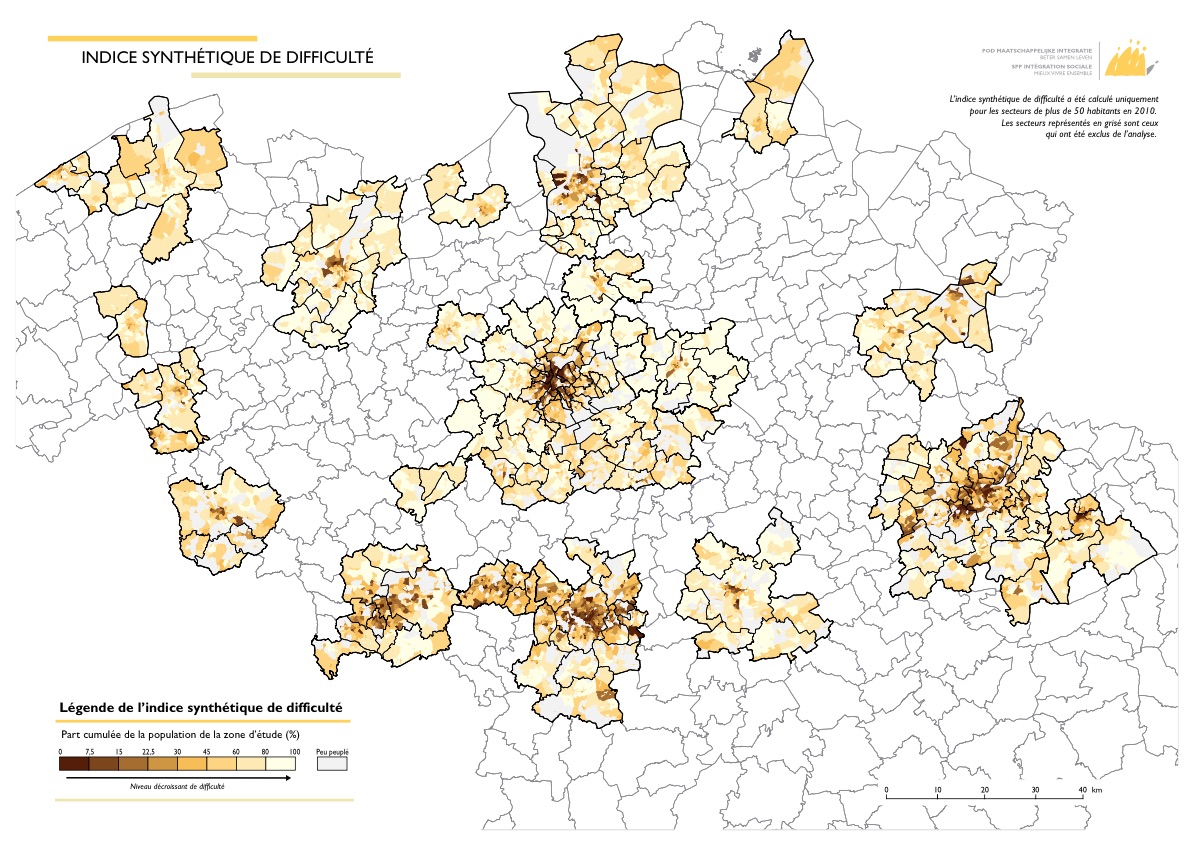 Indice synthétique de difficulté de la population, dans les 22 zones urbaines de Belgique.