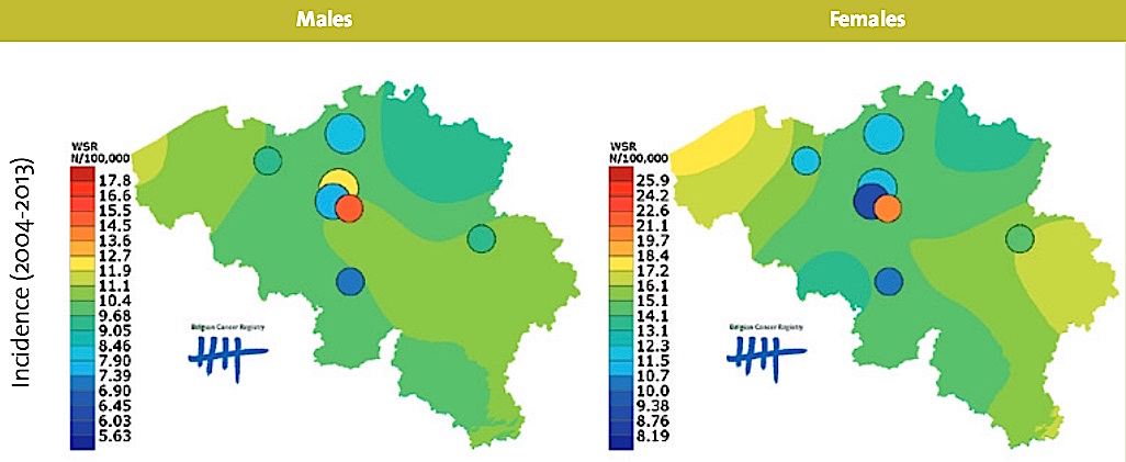 Carte de fréquence de mélanomes malins décelés en Belgique (2013)