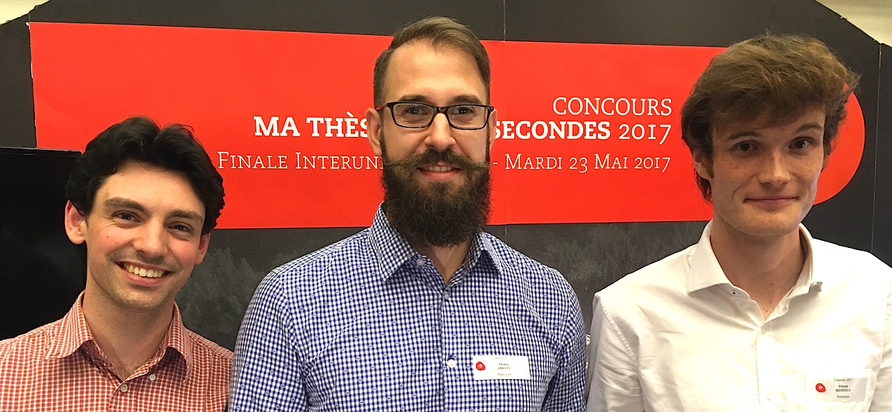 De gauche à droite, les lauréats 2017 du concours interuniversitaire belge "Ma thèse en 180 secondes": Alexis Darras ( ULg), Thomas Abbate (UMOns) et Félicien Hespeels (UNamur).