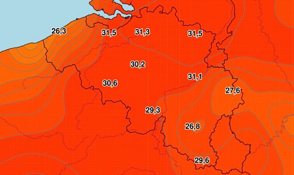 Relevé des températures, Belgique, 19 juin, 17 heures. © IRM