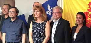 Montréal, 18 septembre 2017. Autour de Pascale Delcomminette (WBI) et Rémi Quirion (FRQ), les partenaires québécois des quatre projets bilatéraux de recherche: les Prs Philippe Gachon, Bram Adams, Karim Benyekhle, et Caroline Quach-Thanh.