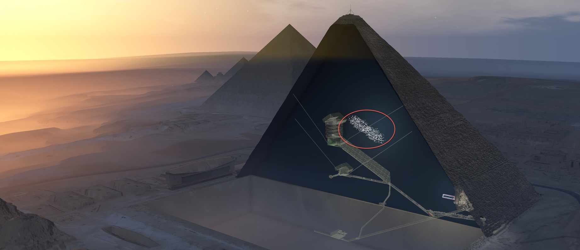 Localisation de la nouvelle cavité géante détectée dans la Grande Pyramide de Chéops. © ScanPyramids