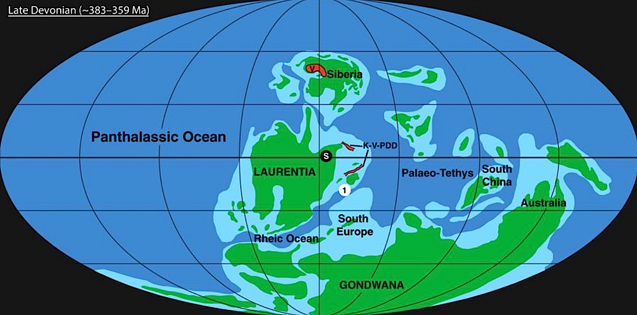 Carte géographique de la Terre au Dévonien.